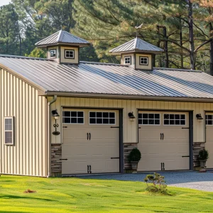 30x40 Garage with triple garage doors. It is light brown colored.