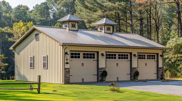 30x40 Garage with triple garage doors. It is light brown colored.