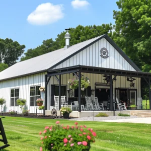 Beautiful 30x50 Barndominium on a grassy lawn. With flowers, rocking chairs and an overhang.