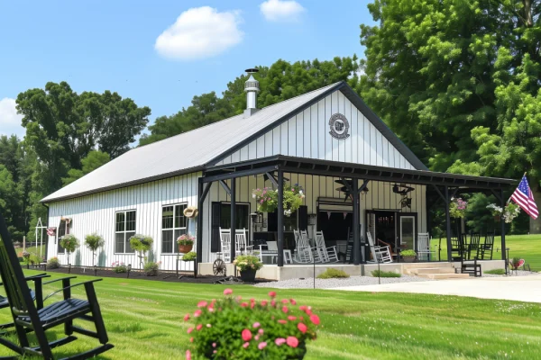 Beautiful 30x50 Barndominium on a grassy lawn. With flowers, rocking chairs and an overhang.