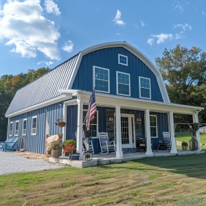 30x60 Barndominium house. The home is dark blue with a metal roof and metal siding. White trim around the doors and doorways with a porch covering the front door entrance.