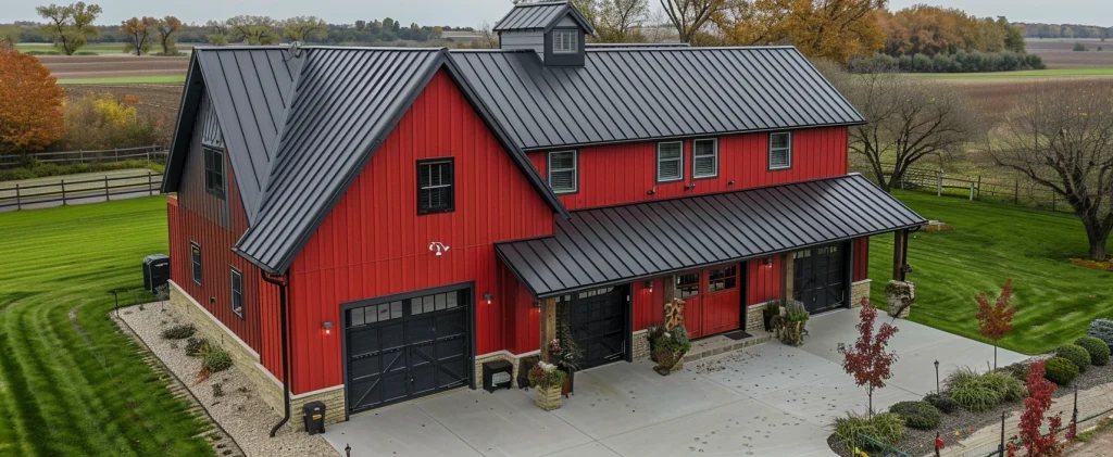 30x70 Barndominium that is red colored with a black roof. The home is sitting on a green lawn in the midwest of America.