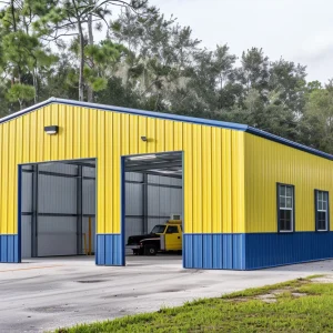 Yellow 60x60 Metal Shop with 3 garage doors