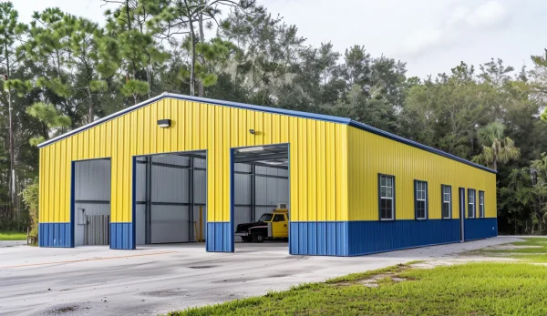 Yellow 60x60 Metal Shop with 3 garage doors