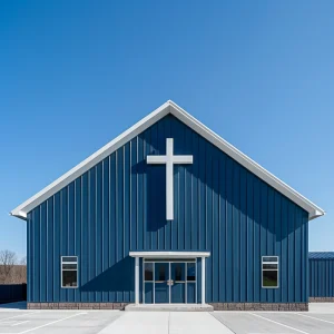 Blue Steel Church Building with a white cross in the front.