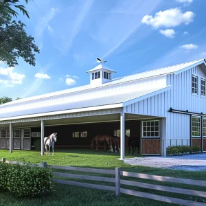 Large White Steel Barn. Has a lean to section along with an enclosed section.