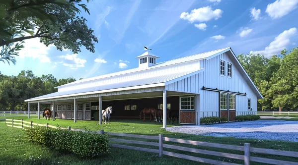 Large White Steel Barn. Has a lean to section along with an enclosed section.