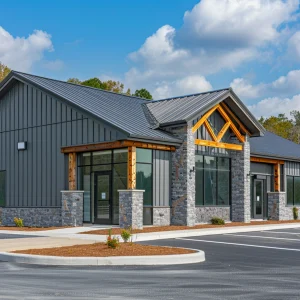 Medium Sized Storefront made of steel. Dark Grey color with a parking lot in front.