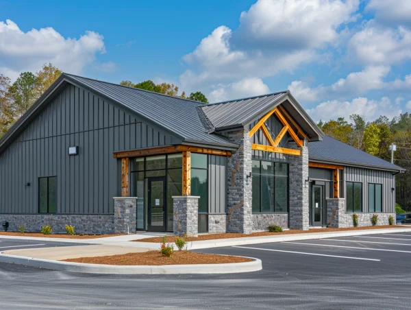 Medium Sized Storefront made of steel. Dark Grey color with a parking lot in front.