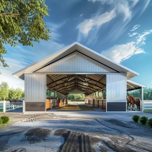 White Steel Barn with a large front opening. The rear is also open allowing for a free flow of air for natural cooling.