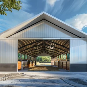 White Steel Barn with a large front opening. The rear is also open allowing for a free flow of air for natural cooling.