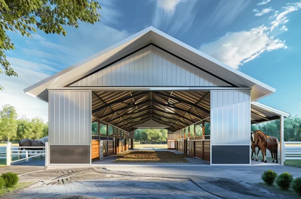 White Steel Barn with a large front opening. The rear is also open allowing for a free flow of air for natural cooling.